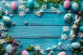 Happy easter Turquoise Sparkle Eggs Snuggle Basket. White Creative Bunny easter tablecloth. Easter style background wallpaper