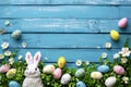 Happy easter turquoise spring Eggs Pastel powder blue Basket. White Reflection Bunny Rose Bloom. Garden background wallpaper