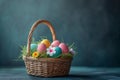 Happy easter Turquoise Summer Eggs Holy Basket. White Spring Bunny Spunky. Easter bunny background wallpaper Royalty Free Stock Photo