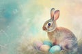Happy easter typing area Eggs Desert Basket. White Rose Lavender Bunny Coral. playful background wallpaper