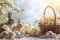 Happy easter typography space Eggs Chick Basket. White peonies Bunny garden fence. farce background wallpaper Royalty Free Stock Photo