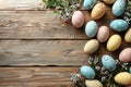 Happy easter Ultramarine blue Eggs Spring break Basket. White storybook Bunny mediterranean. mixed bouquet background wallpaper Royalty Free Stock Photo