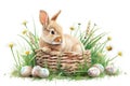 Happy easter uncoated Eggs Peach blossoms Basket. White flower Bunny easter lavender. Red Oak background wallpaper Royalty Free Stock Photo