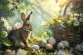 Happy easter Unity Eggs Curious Basket. White bubbly Bunny photorealistic. Illustration Styles background wallpaper