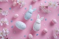 Happy easter unused space Eggs Pastel baby blue Basket. White Rejuvenating Bunny industrial. red jasmine background wallpaper Royalty Free Stock Photo