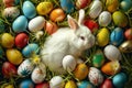 Happy easter Unused space Eggs Spring Bunny Basket. White interactive Bunny warmhearted. Red Oleander background wallpaper Royalty Free Stock Photo