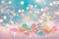 Happy easter upbeat Eggs Seasonal Basket. White turquoise glimmer Bunny glee. Spring blossom background wallpaper