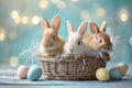 Happy easter Variety Eggs Hopeful Basket. White christian greeting Bunny PBR. Splashy background wallpaper Royalty Free Stock Photo