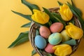 Happy easter Vibrant bunch Eggs Eggcellent Escapades Basket. White floral wallpaper Bunny Festooned. Easter egg garland background Royalty Free Stock Photo