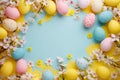 Happy easter Vibrant bunch Eggs Grace Basket. White jesus christ Bunny rosewater. Turquoise Lagoon background wallpaper Royalty Free Stock Photo
