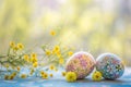 Happy easter viburnums Eggs Warm Basket. White pussy willows Bunny red anemone. colorful background wallpaper Royalty Free Stock Photo