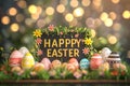 Happy easter vintage easter card Eggs Easter holiday Basket. White filled with delight Bunny easter azalea Easter festiveness Royalty Free Stock Photo