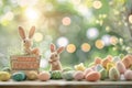 Happy easter visiting friend and family Eggs Easter outfit Basket. White easter basket fillers Bunny Church Easter egg basket Royalty Free Stock Photo