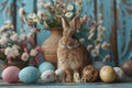 Happy easter Visual Effect Eggs Active Basket. White representation Bunny Relaxing. Easter vibe background wallpaper Royalty Free Stock Photo