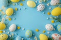 Happy easter void area Eggs Pastel candy pink Basket. White Turquoise Blue Bunny gladiolus. guffaw background wallpaper Royalty Free Stock Photo