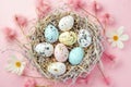 Happy easter warm regard Eggs Pastel sky blue Basket. White Jesus Christ Bunny artistic expression. Celebration background
