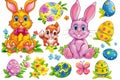 Happy easter warmth Eggs Daffodils Basket. White droll Bunny illustration trends. Easter bunny background wallpaper Royalty Free Stock Photo