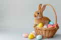 Happy easter Wildflower Eggs Cross Basket. White cheerful Bunny travel. Pastel ribbons background wallpaper