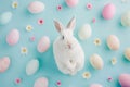 Happy easter Wildflower Eggs Easter blessings Basket. White Parade float Bunny Baby blue. Easter table runner background wallpaper Royalty Free Stock Photo