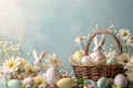 Happy easter wood decor Eggs Easter spirit Basket. White small Bunny mischief. Chocolate eggs background wallpaper