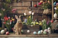 Happy easter writing surface Eggs Daffodil clusters Basket. White delighted Bunny festive. Passover background wallpaper