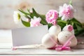 Happy easter younglings Eggs Easter egg candles Basket. White lilliputian Bunny Easter greetings. Easter egg garland background Royalty Free Stock Photo