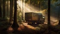 Truck carrying freight through foggy mountain landscape generated by AI Royalty Free Stock Photo