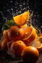 Generated illustration of a pile of oranges being dropped into water