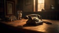 Generated illustration of a vintage telephone sits on a wooden desk in a dimly lit room Royalty Free Stock Photo