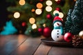 A Rustic Wooden Table With Snowman And A Pine Tree In The Blur Background Royalty Free Stock Photo