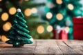 A Wooden Table And A Pine Tree Out Of Focus Make A Charming Christmas Holiday Backdrop Royalty Free Stock Photo