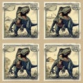 Prehistoric Majesty: Set of 4 Vintage Stamps Featuring T-Rex