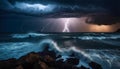 Tempest forms off coast, with dark clouds and lightning