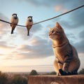 Cat sits on rooftop gazing at three birds on wire