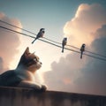 Cat sits on rooftop gazing at three birds on wire Royalty Free Stock Photo