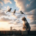 Cat sits on rooftop gazing at three birds on wire