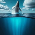 Humpback whale breaches the surface of the deep blue ocean Royalty Free Stock Photo