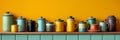 Mockup enamelware on yellow, purple and green background. Ad posters. Minimalistic color enamel objects.