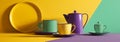 Mockup enamelware on yellow, purple and green background. Ad posters. Minimalistic color enamel objects.