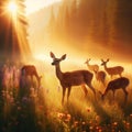 A family of deer grazing peacefully in a sun-dappled meadow