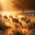 A family of deer grazing peacefully in a sun-dappled meadow