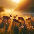 A family of deer grazing peacefully in a sun-dappled meadow