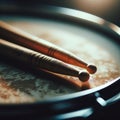 Drumsticks rest on a snare drum, in atmospheric light