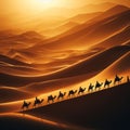 A caravan of camels traverses the vast sand dunes of the Sahara Desert