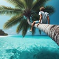 A low-angle view looking from under a palm tree leaning out over crystal-clear ocean waters