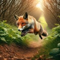 Red fox runs through the undergrowth in the countryside