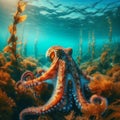 Octopus moves through the ocean currents, in clear waters Royalty Free Stock Photo