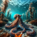 Octopus moves through the ocean currents, in clear waters Royalty Free Stock Photo