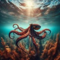 Octopus moves through the ocean currents, in clear waters Royalty Free Stock Photo