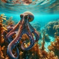 Octopus moves through the ocean currents, in clear waters Royalty Free Stock Photo